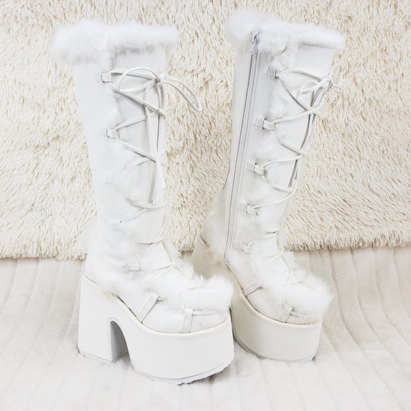 Camel 311 White furry goth punk Platform Knee Boot - Picture 5 of 11